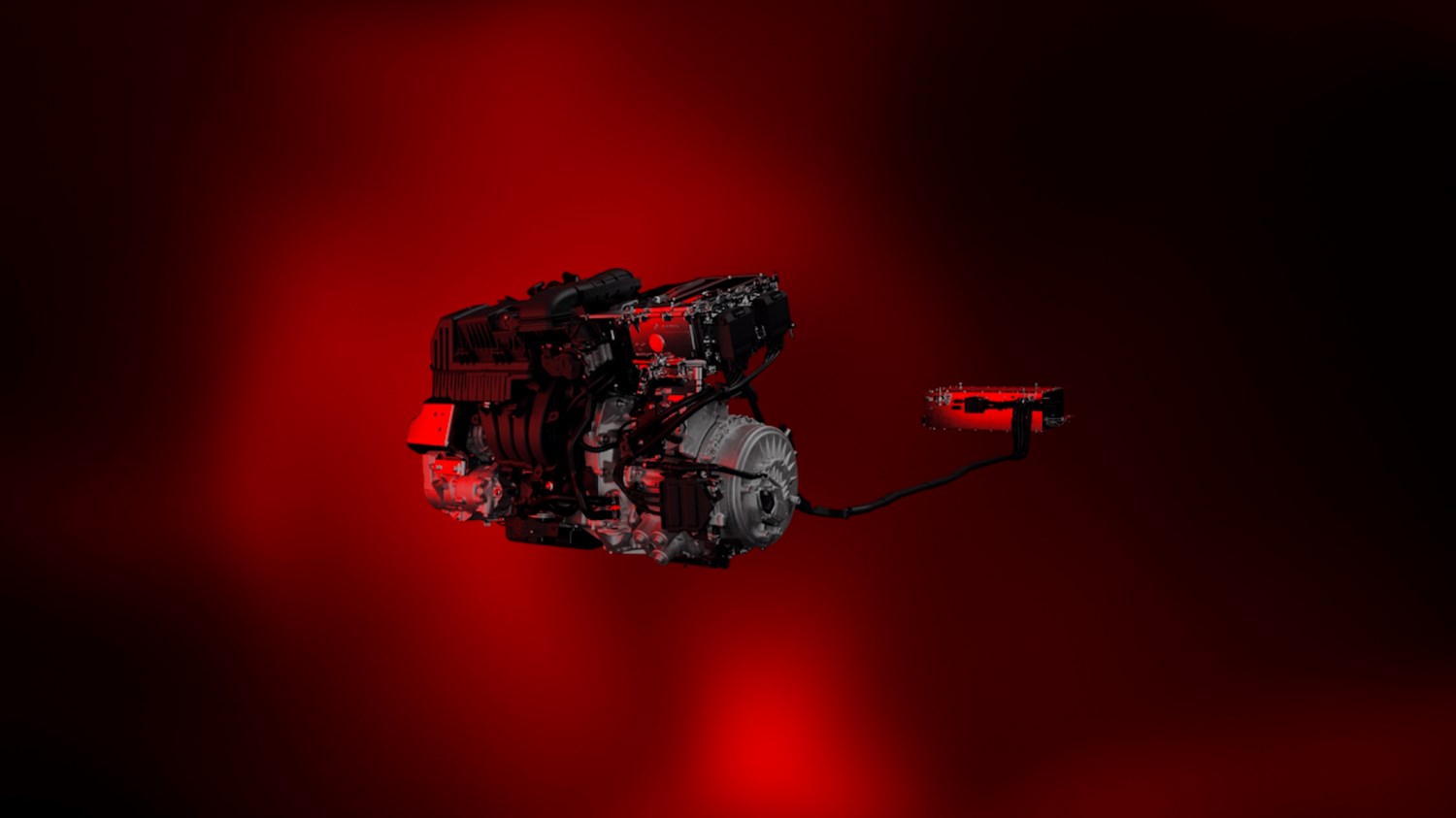 Рендерирање на хибридниот погонски склоп на новиот Renault Clio на црвена позадина, со икона за стартување на видеото