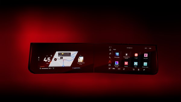 Поглед на инструмент табла openR на новиот Renault Clio со неговите двојни 10-инчни екрани и апликации на црвена позадина.