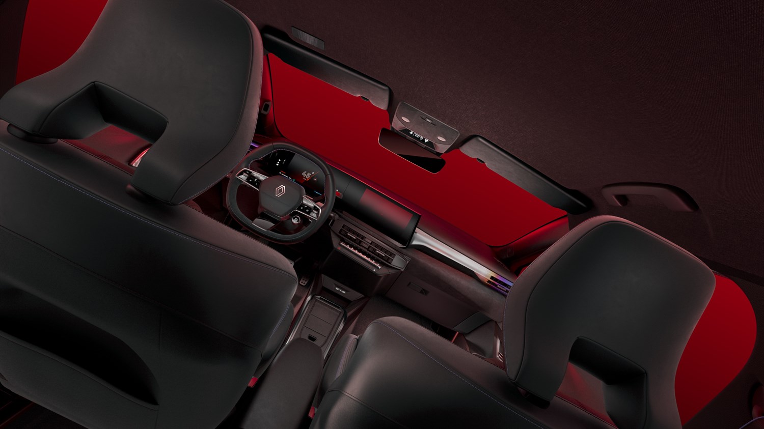 Поглед на ентериерот на новиот Renault Clio со предни и задни седишта, управувач и дигитален кокпит, снимен од задниот дел на кабината.