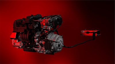 Погонската единица на Renault E-Tech технологијата прикажан на црвена позадина.