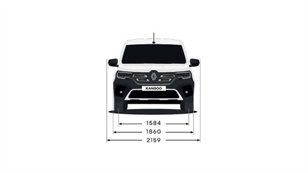Преден поглед на Kangoo Van со ширини на возилото означени со и без ретровизори.