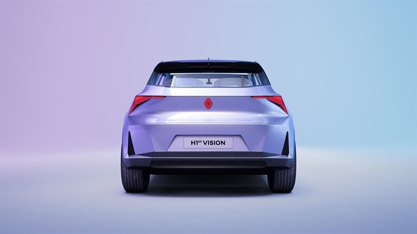 Заден поглед на концепт возилото Renault H1st vision со копчето за репродукција означено за видеото нашата визија за побезбедна мобилност на иднината